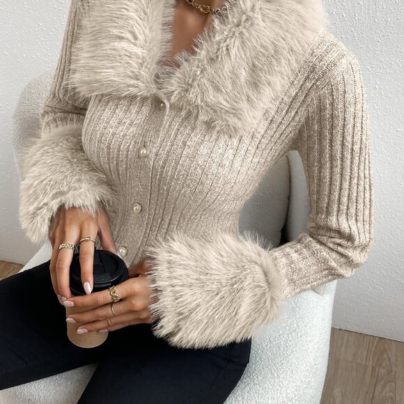 Apricot Elegant Women's Fuzzy Collar Ribbed Knit Cardigan - Picture 8 of 8